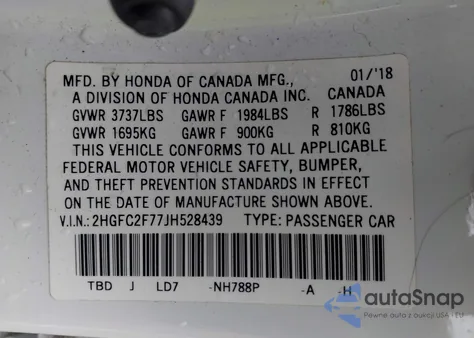 2018 Honda Civic Ex z USA, uszkodzony, nr VIN 2HGFC2F77JH528439